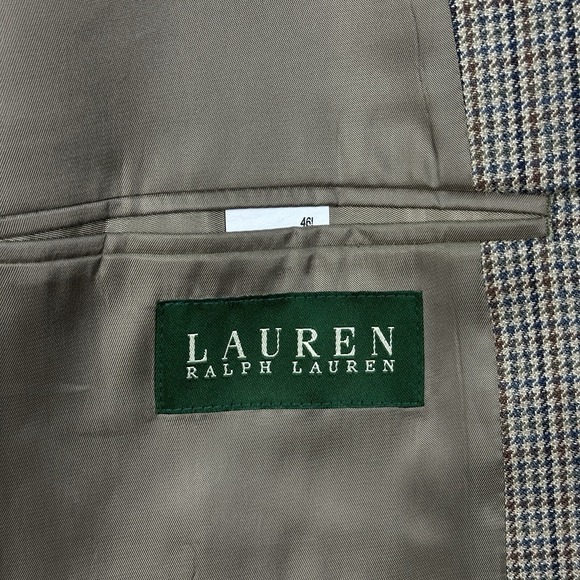 Lauren Ralph Lauren Silk Wool Houndstooth‎ Blazer Mens 46L Brown Sport Coat EUC - Picture 5 of 11